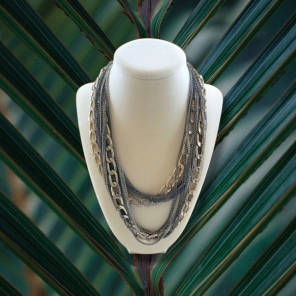 Jewelry - Tri-Color Gold/Silver Tone Chunky Multi-Chain Layered Statement Necklace